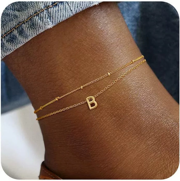 Women’s Stainless Steel Double Layer Letter Anklet With Millet Beads And Gold Tone Finish Simple Fashion Foot Jewelry
