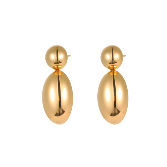 Women's Stainless Steel Double Teardrop Dangle Earrings With Smooth Geometric Oval Bean Shape And Two Tone Electroplated Minimalist Fashion Design