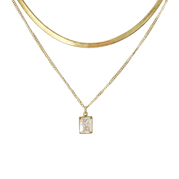 Women's Stainless Steel Doublelayer Stacked Snake Bone Chain Necklace With Geometric Design And Electroplating Treatment