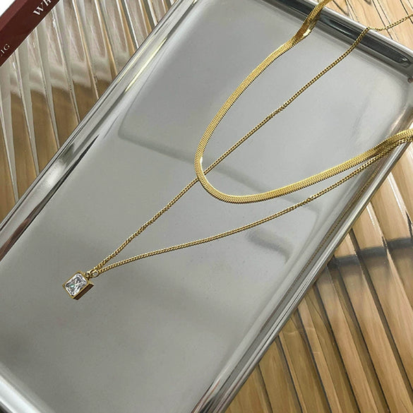 Women's Stainless Steel Doublelayer Stacked Snake Bone Chain Necklace With Geometric Design And Electroplating Treatment