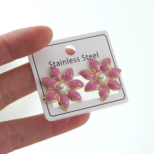 Women's Stainless Steel Drip Oil Flower And Butterfly Geometric Earrings With Petal Design Western Style Fashion Jewelry