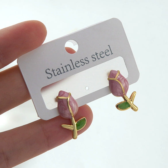 Women's Stainless Steel Drip Oil Flower And Butterfly Geometric Earrings With Petal Design Western Style Fashion Jewelry