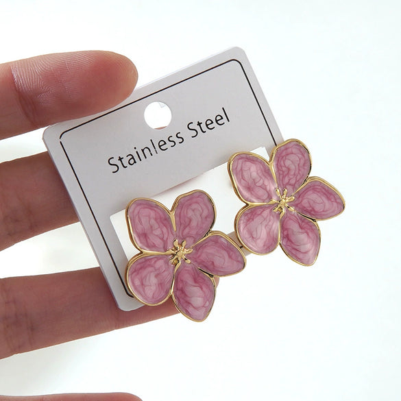 Women's Stainless Steel Drip Oil Flower And Butterfly Geometric Earrings With Petal Design Western Style Fashion Jewelry