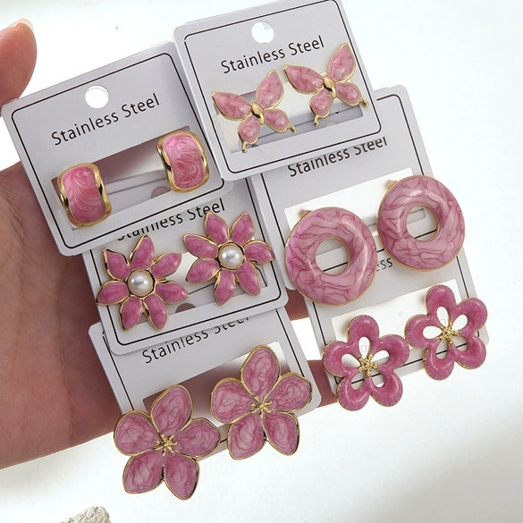 Women's Stainless Steel Drip Oil Flower And Butterfly Geometric Earrings With Petal Design Western Style Fashion Jewelry