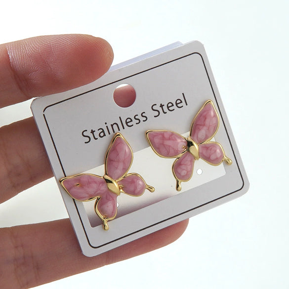 Women's Stainless Steel Drip Oil Flower And Butterfly Geometric Earrings With Petal Design Western Style Fashion Jewelry