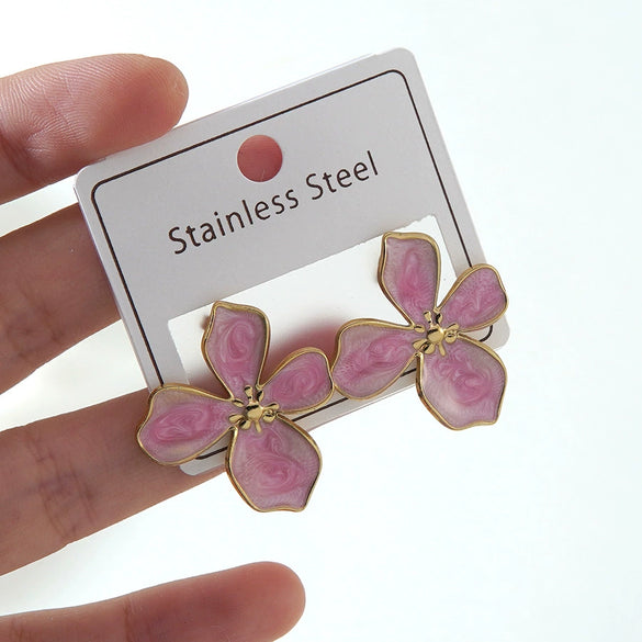 Women's Stainless Steel Drip Oil Flower And Butterfly Geometric Earrings With Petal Design Western Style Fashion Jewelry