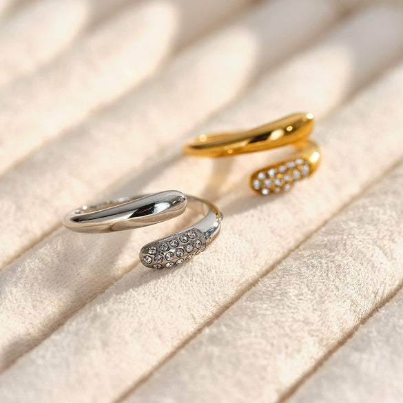 Women's Stainless Steel Drop Shape Geometric Open Ring With Rhinestone Inlay And 18K Vacuum Electroplated Finish