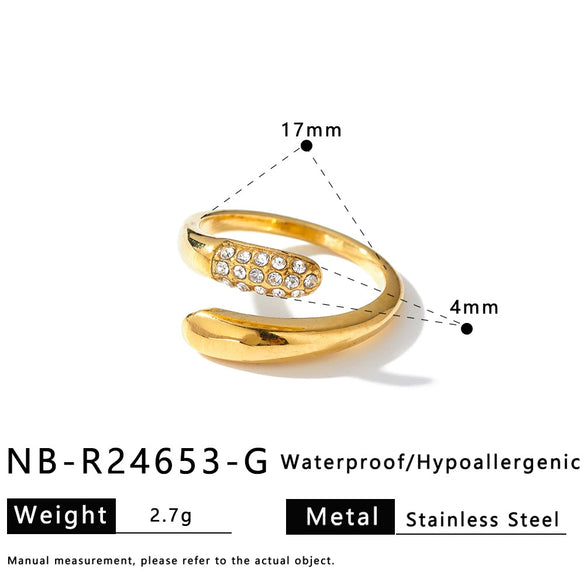Women's Stainless Steel Drop Shape Geometric Open Ring With Rhinestone Inlay And 18K Vacuum Electroplated Finish