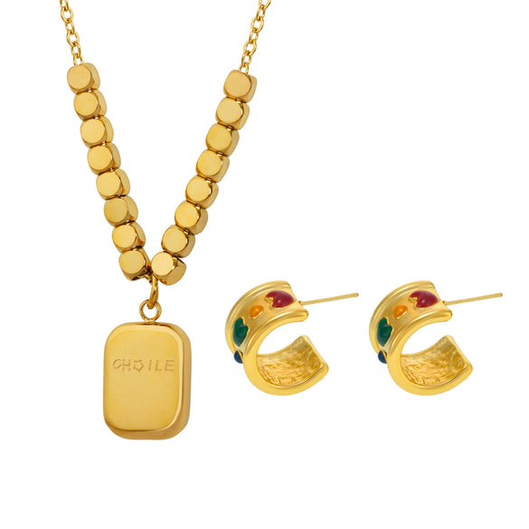 Women's 316L Stainless Steel Earrings And Necklace Combination With Square Card Lettering Pendant In Ins Wind Electroplated