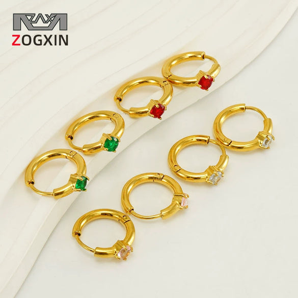 Women's 316L Stainless Steel Earrings 18K Gold Plated With Geometric Design Inlaid With Color Zircon