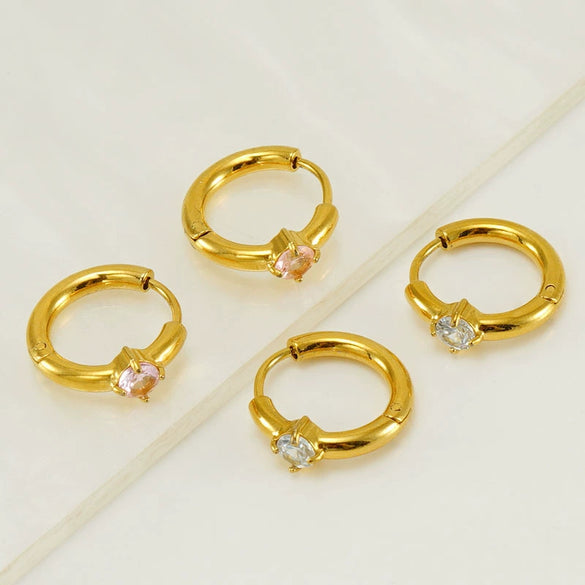 Women's 316L Stainless Steel Earrings 18K Gold Plated With Geometric Design Inlaid With Color Zircon
