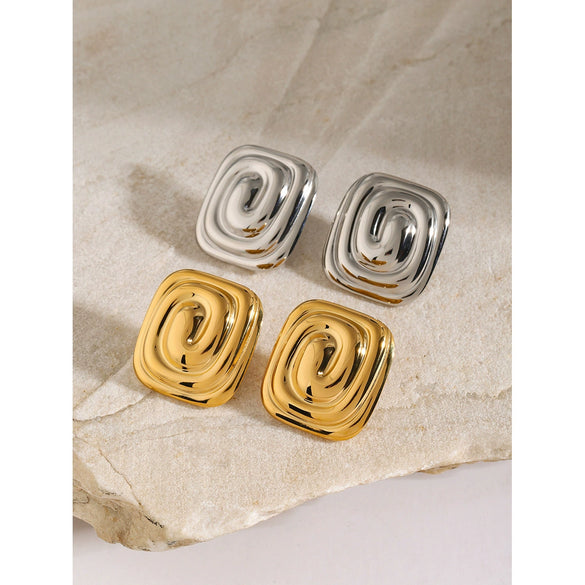 Women's Stainless Steel Earrings With Geometric Rectangular Spiral Pattern And Vortex Shape Electroplated