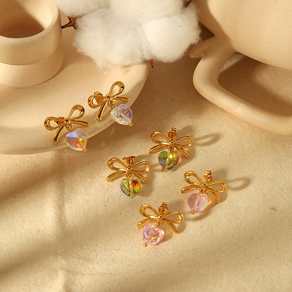 Women's Stainless Steel Earrings With Heart And Bow Pattern High Sense Style Electroplating Process