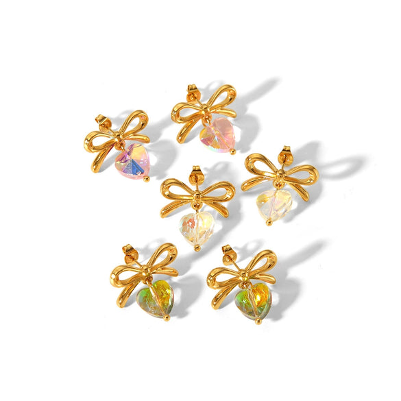 Women's Stainless Steel Earrings With Heart And Bow Pattern High Sense Style Electroplating Process