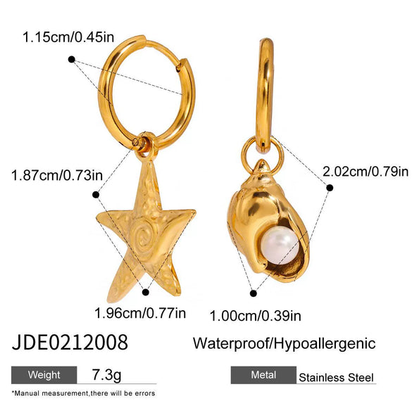 Women's Stainless Steel Earrings With Pearl Inlaid Starfish And Conch Light Luxury Style Geometric Pattern Hammered Electroplated