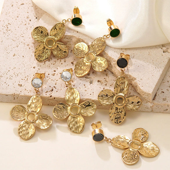 Women's Stainless Steel Electroplated Butterfly And Flower Geometric Earrings With Diamond Accent Irregular Light Luxury Style