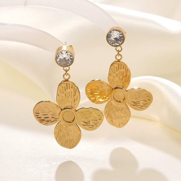 Women's Stainless Steel Electroplated Butterfly And Flower Geometric Earrings With Diamond Accent Irregular Light Luxury Style