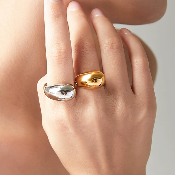 Women's Stainless Steel Electroplated Gold Exaggerated Water Dropper Open Ring With Geometric Design