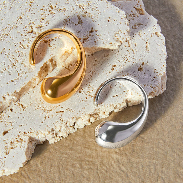 Women's Stainless Steel Electroplated Gold Exaggerated Water Dropper Open Ring With Geometric Design