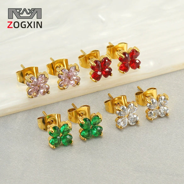 Women's 316L Stainless Steel Electroplated Inlaid Zircon Four Leaf Clover Earrings