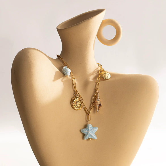 Women's Stainless Steel Electroplated Starfish And Seahorse Pendant Necklace Jewelry