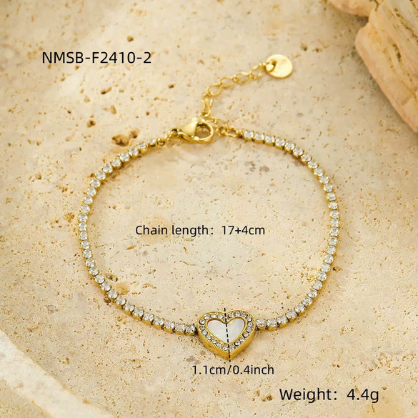 Women's Stainless Steel Electroplated Tennis Chain Bracelet Set With Geometric Heart And Star Pendant Design