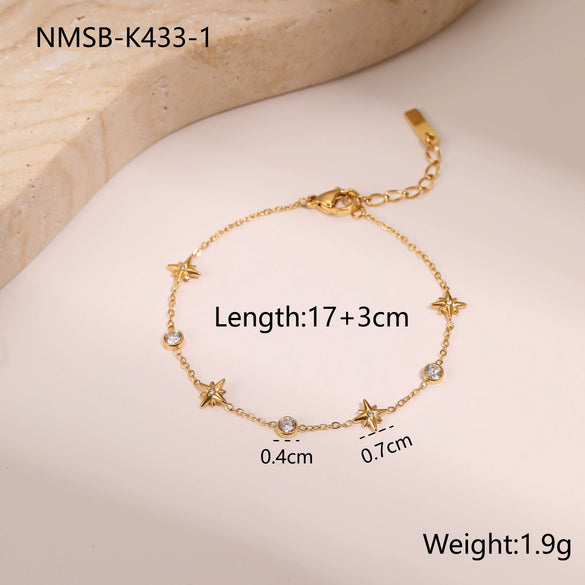 Women's Stainless Steel Electroplated Tennis Chain Bracelet Set With Geometric Heart And Star Pendant Design