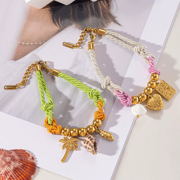 Women's Stainless Steel Electroplated Thick Rope Woven Bracelet With Pendant