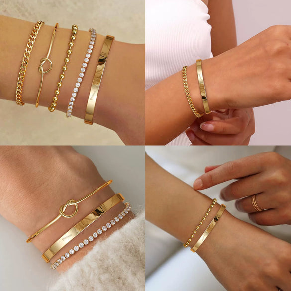 Women's Stainless Steel Electroplated Wide Brick Paper Chain Snake Chain Stacked Bracelet Set Fashion Personality Style