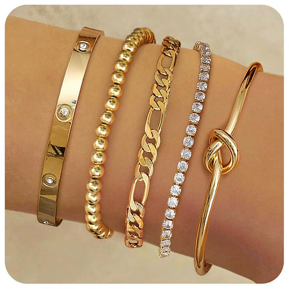 Women's Stainless Steel Electroplated Wide Brick Paper Chain Snake Chain Stacked Bracelet Set Fashion Personality Style