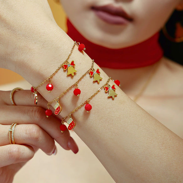 Women's Stainless Steel Electroplated Zircon And Faceted Red Agate Bellshaped Jewelry Set With Necklace Bracelet And Earrings