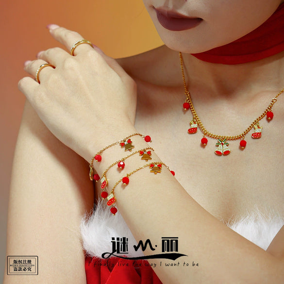 Women's Stainless Steel Electroplated Zircon And Faceted Red Agate Bellshaped Jewelry Set With Necklace Bracelet And Earrings