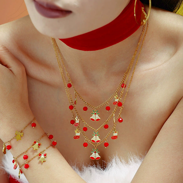 Women's Stainless Steel Electroplated Zircon And Faceted Red Agate Bellshaped Jewelry Set With Necklace Bracelet And Earrings