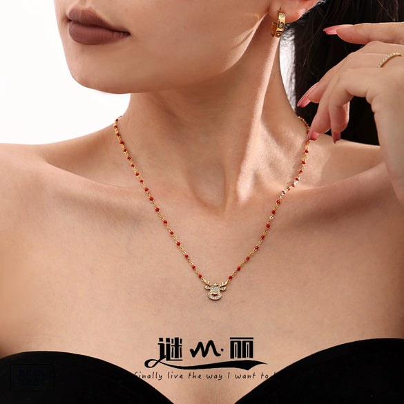 Women's Stainless Steel Elk Bell Pendant Necklace With Zircon Inlay Geometric Design And Electroplated Finish