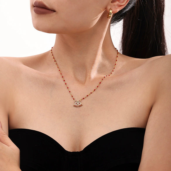 Women's Stainless Steel Elk Bell Pendant Necklace With Zircon Inlay Geometric Design And Electroplated Finish