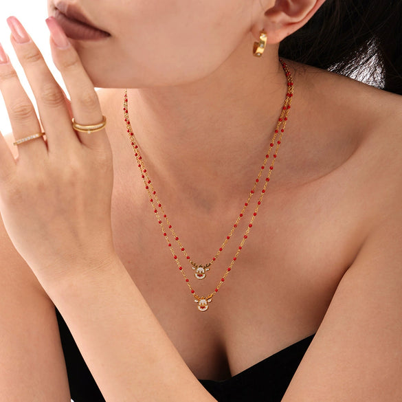 Women's Stainless Steel Elk Bell Pendant Necklace With Zircon Inlay Geometric Design And Electroplated Finish