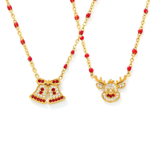 Women's Stainless Steel Elk Bell Pendant Necklace With Zircon Inlay Geometric Design And Electroplated Finish