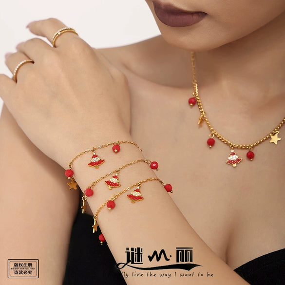Women's Stainless Steel Enamel And Zircon Christmas Tree Necklace Bracelet And Earrings Jewelry Set