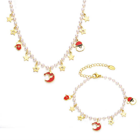Women's Stainless Steel Enamel Christmas Pendant Necklace And Bracelet Set With Cute Cartoon Shell Bead Design