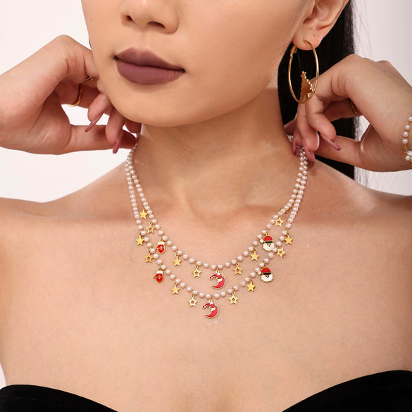 Women's Stainless Steel Enamel Christmas Pendant Necklace And Bracelet Set With Cute Cartoon Shell Bead Design