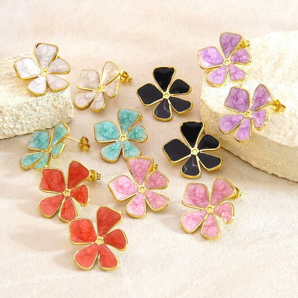 Women's Stainless Steel Enamel Flower Earrings With Non Fading Floral Design Versatile Fashion Jewelry