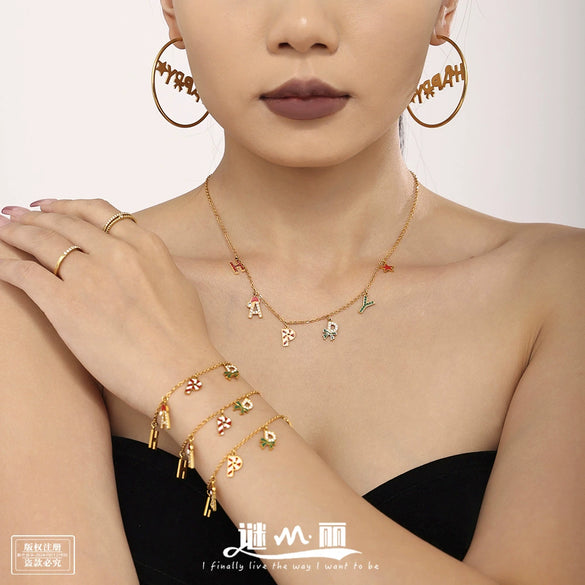 Women's Stainless Steel Enamel Letter Jewelry Set With Zircon Necklace Bracelet And Earrings Electroplated Light Luxury Design