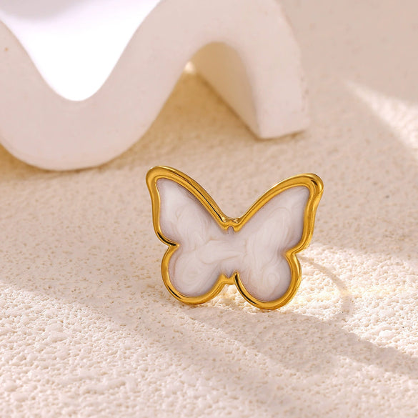 Women’s Stainless Steel Enamel Open Ring With Geometric Leaf And Butterfly Cutout Design And Goldplated Finish