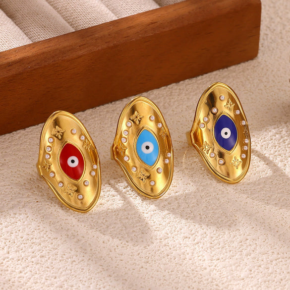 Women's Stainless Steel Evil Eye Open Ring With Enamel And Pearl Inlay Retro Gold Plated Statement Jewelry