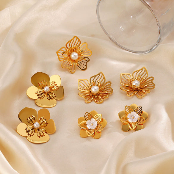 Women's Stainless Steel Exaggerated Oversized Flower Electroplated Geometric Earrings With Pearls