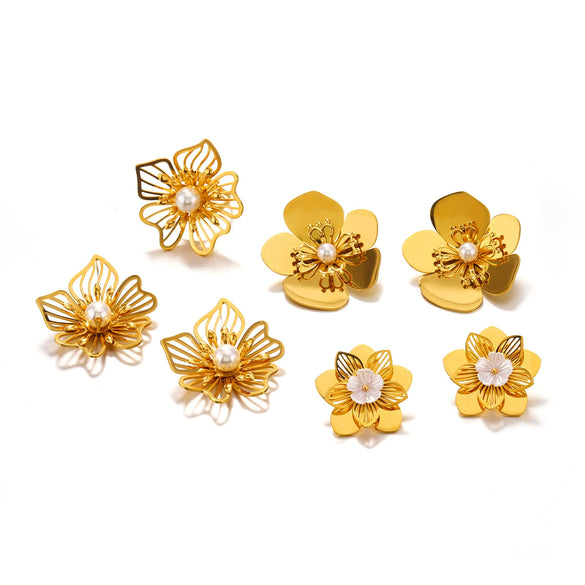 Women's Stainless Steel Exaggerated Oversized Flower Electroplated Geometric Earrings With Pearls