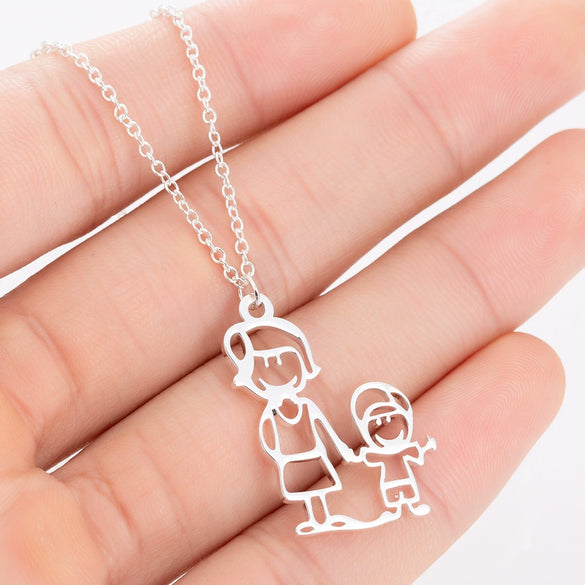 Women's Stainless Steel Familythemed Doll Pendant Necklace With Ochain And Cartoon Character Design Electroplated Finish