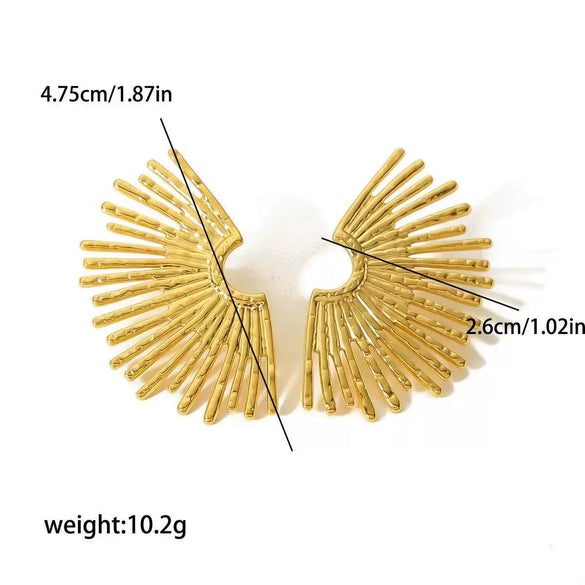 Women's Stainless Steel Fan Shaped Geometric Earrings With Minimalist Radiating Line Design And Stamped Gold Tone Finish