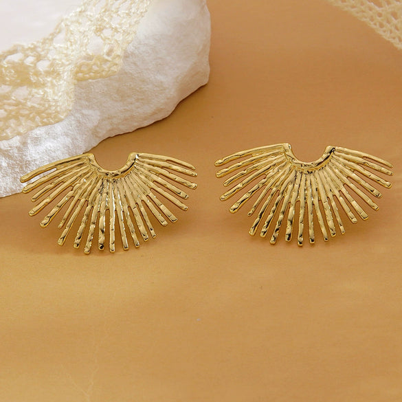 Women's Stainless Steel Fan Shaped Geometric Earrings With Minimalist Radiating Line Design And Stamped Gold Tone Finish