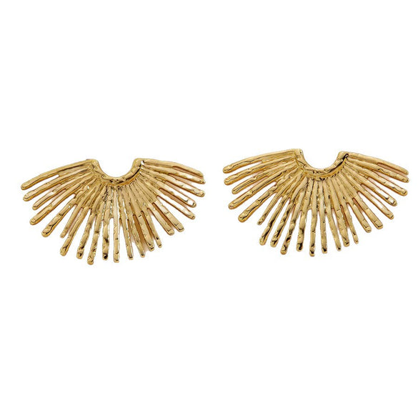 Women's Stainless Steel Fan Shaped Geometric Earrings With Minimalist Radiating Line Design And Stamped Gold Tone Finish
